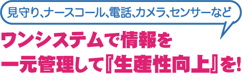 見守り、ナースコール、電話、カメラ、センサーなどワンシステムで情報を一元管理して『生産性向上』を！