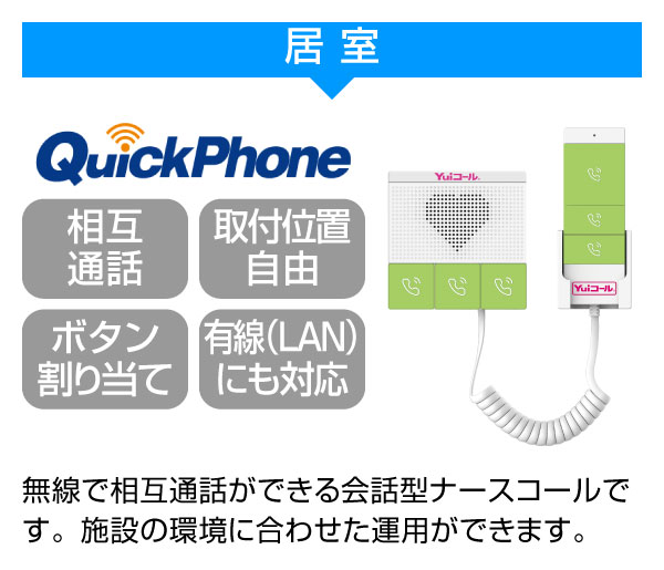 居室用の相互通話ができる会話無線型ナースコール「QuickPhone」です。施設の環境に合わせた運用ができます。