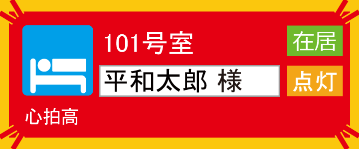 101号室のベッドに寝ている入居者の心拍数が規定値を超えた場合のアラート表示例
